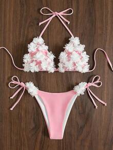 Swim Mod Vacation Beach 3D Floral Decor Two-Piece Swimsuit Set - Pink - View 5