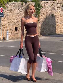 Pariaura Women's Stylish Casual Brown Strapless Bow-Detail Top And Cropped Pants Set,Athleisure Two Pieces Set - Multicolor - View 1