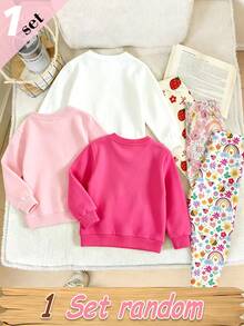 (1 Set Random) Baby Girl Cute Rainbow Colorful Flower Bee Strawberry Bow Deer Pattern Basic Crew Neck Sweatshirt With Leggings - Multicolor - View 2