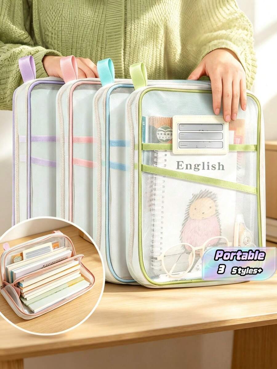 A4 Double-Layer Nylon Mesh Sorting Bags, Large Capacity Thickened L-Shaped Document Bags, Suitable For Students - Portable Backpack With Zipper And Handle, Can Be Used For Classroom Subject Classification And Homework Storage, School Supplies - A - View 1
