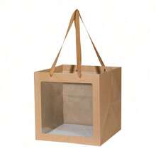 1pc/6pcs Set Square Clear Window Kraft Paper Bags, Daily Necessities Packaging Handheld Bags, Paper Flower Gift Bags With Ribbon Handles, Paper Shopping Bags, Suitable For Birthday, Wedding, Party,Valentine's Day, Easter - multicolor - View 10