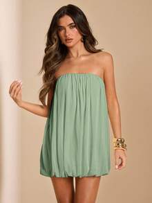 SHEIN BAE Spring/Summer Solid Apricot Strapless Mesh Puff Mini Dress, Elegant Sexy Ruched Mini Dress - Mint Green - View 7