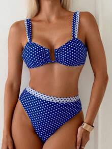 SHEIN Swim Women's Summer Vacation Casual Beach Wear Black & White Polka Dot Print Adjustable Strap Bikini 2-Piece Bikini Set Set - Blue - View 3