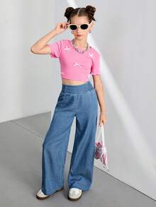 SHEIN Tween 女童夏季假日休闲高腰阔腿蓝色裤子，春秋休闲高腰阔腿宽松蓝色裤子，休闲日常穿着 - 藍色 - 查看 5