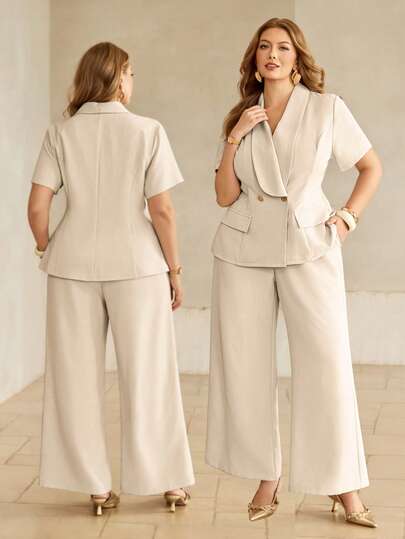 Roveilla Plus Size Women's Solid Color Lapel Double-Breasted Metal Button Faux Pocket Flap Decor Short Sleeve Cinched Waist A-Line Apricot Blazer + Mid-High Waist Elastic Waistband Adjustable Pockets Loose Straight Leg Pants, Elegant Vintage Formal Office Commute Casual Beach Vacation Beach Style Minimalist Retro Afternoon Tea Gathering Home Leisure Comfortable Spring Summer New Spring Autumn Set