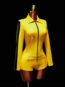 Amplova Women's Halloween Cosplay Black & Yellow Contrast Color Tight Romper Unitard Sexy Casual - Yellow - View 11