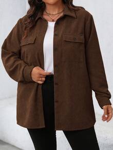 SHEIN LUNE 大尺碼女款素色單排扣休閒日常長袖夾克 - 棕色 - 查看 4