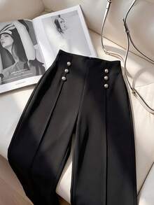 EURMUSE Pantalón palazzo de pierna ancha blanco con detalle de botón - Negro - Ver 9