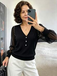 GlowEve Autumn Elegant Pearl Decor Chiffon Patchwork V-Neck Button-Down Lantern Long Sleeve Women's T-Shirt - Black - View 1