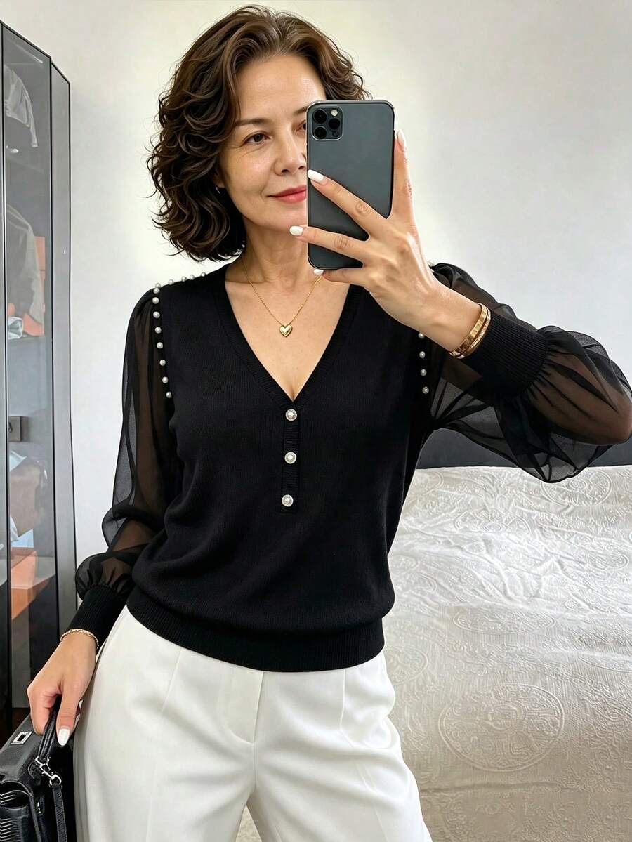GlowEve Autumn Elegant Pearl Decor Chiffon Patchwork V-Neck Button-Down Lantern Long Sleeve Women's T-Shirt - Black - View 1