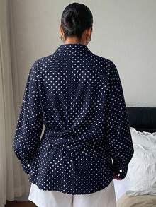 Livesso 春夏秋季女款大尺碼粉色襯衫，寬鬆商務休閒時尚辦公穿搭，收腰設計，長袖 - 藏蓝色 - 查看 4