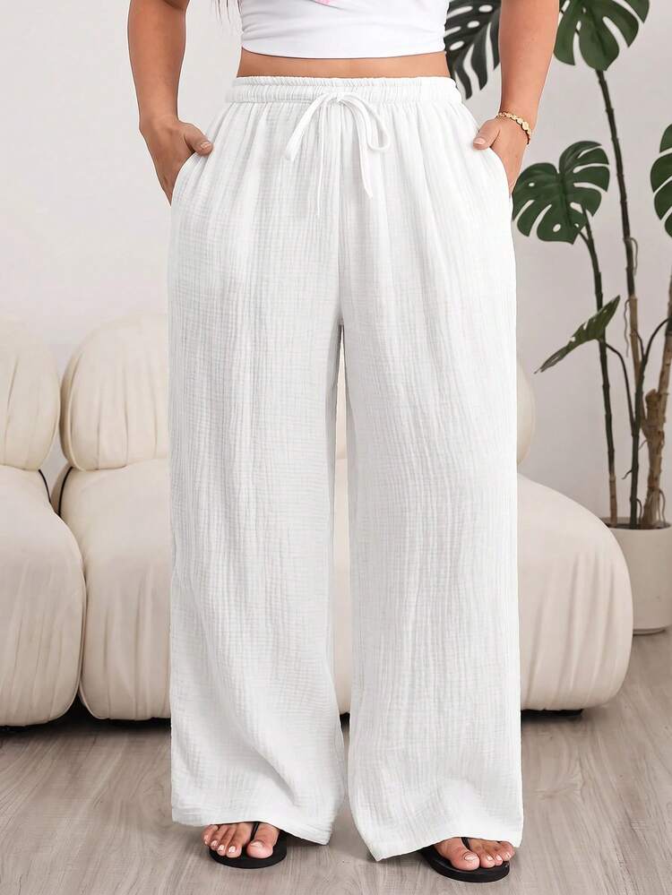 Solflare Plus Size Women's Drawstring Waist Casual Versatile Daily Wear Wide Leg Pants - White - View 8