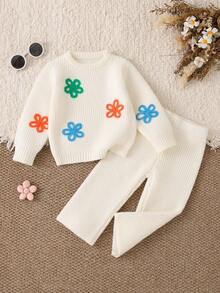 SHEIN Cute Sweet 3D Colorful Floral Embroidered Round Neck Regular Shoulder Baby Sweater Set Autumn Fall Pullover - Multicolor - View 2