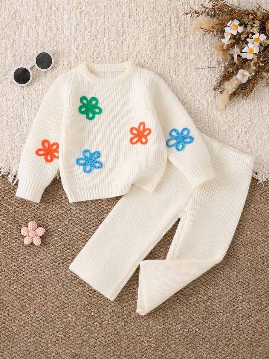 SHEIN Cute Sweet 3D Colorful Floral Embroidered Round Neck Regular Shoulder Baby Sweater Set Autumn Fall Pullover