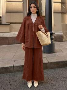 Duskaine Women's Solid Color Long Sleeve Top And Pants Casual Everyday 2 Pieces Set - Maroon - View 4