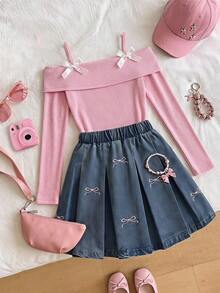 SHEIN Tween Girl Fall Outfits Fall Tops Fall 2 Pieces Set: Pink Soft Polyester Off-Shoulder Camisole Top With Bowknot - Pink - View 3