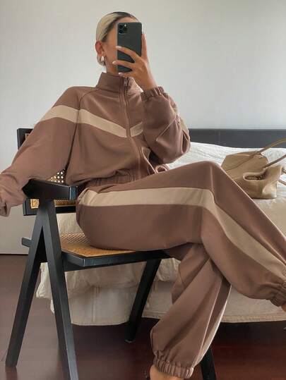 DAZY Women's Colorblock Zip-Up Long Sleeve Jacket And Pants Casual Daily 2 Pieces Set