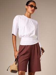 AiiRZ Cinch Waist Drawcord Ruched Crop T-Shirt Gathered Neckline Elbow Sleeve Casual Summer Top - White - View 2