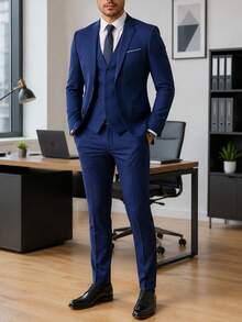 Men's Two-Piece Suit Plus Sizes One-Button, Pants Jacket And Belt Included In Plain Color, Ideal For Weddings Formal Events And Office. - Blue - View 5