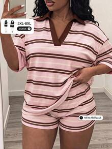 SHEIN CURVE+ Women's Plus Size Summer Polo Collar Loose T-Shirt + Shorts 2 Pieces Set/Loungewear/Casual Wear/Back To School Outfit - Multicolor - View 1