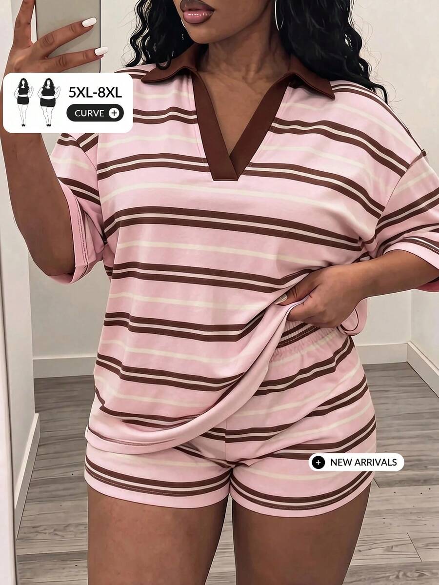 SHEIN CURVE+ Women's Plus Size Summer Polo Collar Loose T-Shirt + Shorts 2 Pieces Set/Loungewear/Casual Wear/Back To School Outfit - Multicolor - View 1