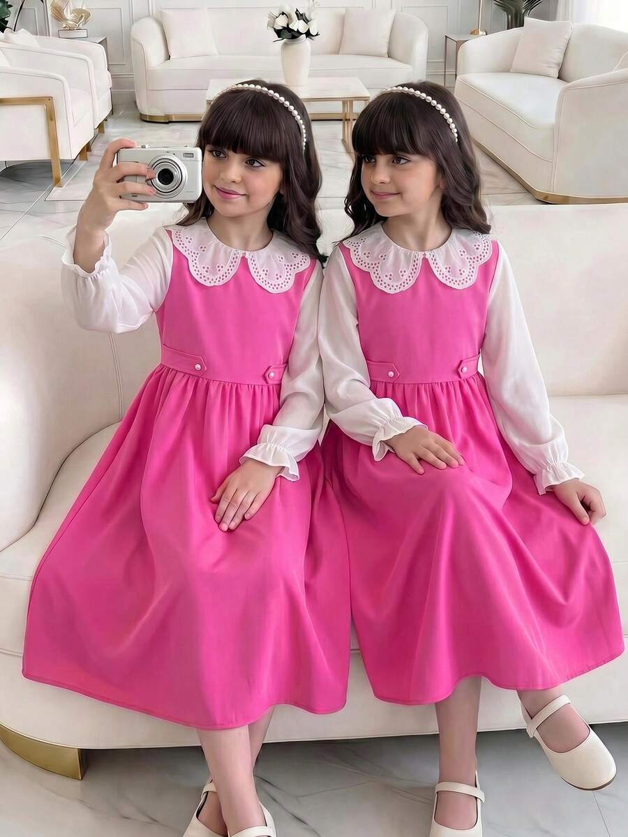 SHEIN Tween Girls Midi Dress, Eyelet Peter Pan Collar Ruffle Long Sleeve A-Line Dress - Multicolor - View 1