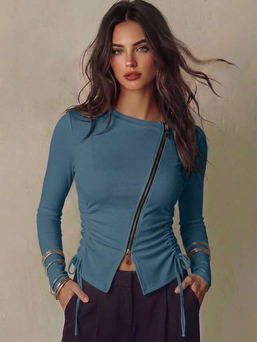 Franclia Women's Dusty Blue Long Sleeve Square Neck T-Shirt With Zipper And Drawstring Ruched Detailing - Dusty Blue - View 1