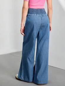 SHEIN Tween 女童夏季假日休闲高腰阔腿蓝色裤子，春秋休闲高腰阔腿宽松蓝色裤子，休闲日常穿着 - 藍色 - 查看 2