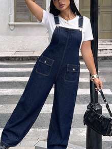 Rivivi Overall Denim Warna Gelap Ukuran Plus Wanita Gaya Y2K untuk Awal Musim Gugur - Dark Wash - View 1