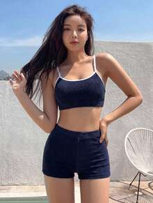 Livesso 女款夏季海灘拼色細肩帶比基尼與低腰三角褲兩件式泳衣套裝 - 藍色 - 查看 6