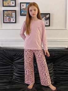 DAZY Tween Girl Round Neck Long Sleeve Pocket Top And Leopard Print Pants Loungewear - Baby Pink - View 2