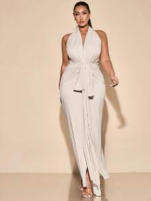 SHEIN BAE Plus Size Women Elegant Long V-Neck Halter Backless Dress, Suitable For Daily Wear, Outing, Dates, Afternoon Tea, Vacation, Spring/Summer - Apricot - View 6