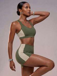 Zivah Women's Colorblock Cropped Top And High-Waist Shorts Gym Workout Fitness Pilates Set Olive Green All Season - Green - View 7