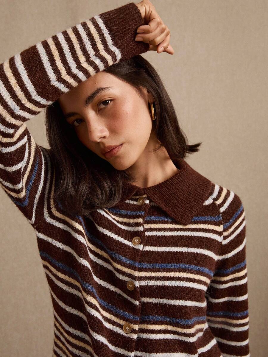 lacRébo Blue And Chocolate Brown Stripe Cardigan With Collar, Shell Buttons Details - Multicolor - View 1