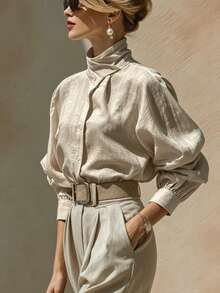 SHEIN Women's Solid Color Single-Breasted Casual Versatile Daily Wear Shirt - Khaki - View 6