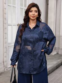 Chikora Plus Size Women's Printed Round Neck Batwing Sleeve Top Solid Straight Leg Pants With Pockets 2-Piece Set Dinner Formal Navy Blue Autumn Elegant Fall - Blue - View 5