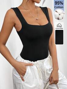 SHEIN PETITE 純色圓領背心式黑色連身衣，適合外出、夏季基礎簡約風，小碼女款 - 黑色 - 查看 8
