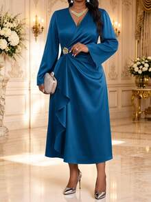 Fleurora Plus Size Women's Solid Color V-Neck Metal Decor Pleated Casual Party Dress - Teal Blue - View 3