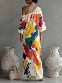 Balvessa Fashion Colorful Print Asymmetric Collar Dress - Apricot - View 2