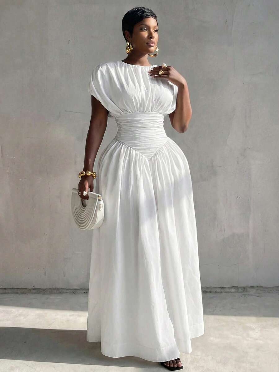 BamGlimmer Women's Solid Color Round Neck Pleated Batwing Sleeve Elegant Dress Wedding Dinner Formal White Summer
