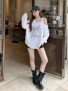 DAZY Kaos Wanita Model Bahu Asimetris Gaya Korea Musim Semi/Panas, Kaos Grafis Lucu, Atasan Longgar untuk Wanita - Putih - View 5