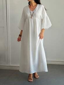 DAZY Summer Autumn Casual Sweetheart Neck Long Sleeve Ruched Waist Ruffle Hem Elegant Women Mid-Length Dress - White - View 4