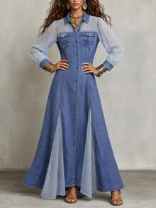 SHEIN Gaun Panjang Wanita Elegan dengan Kancing Depan - Biru - View 4