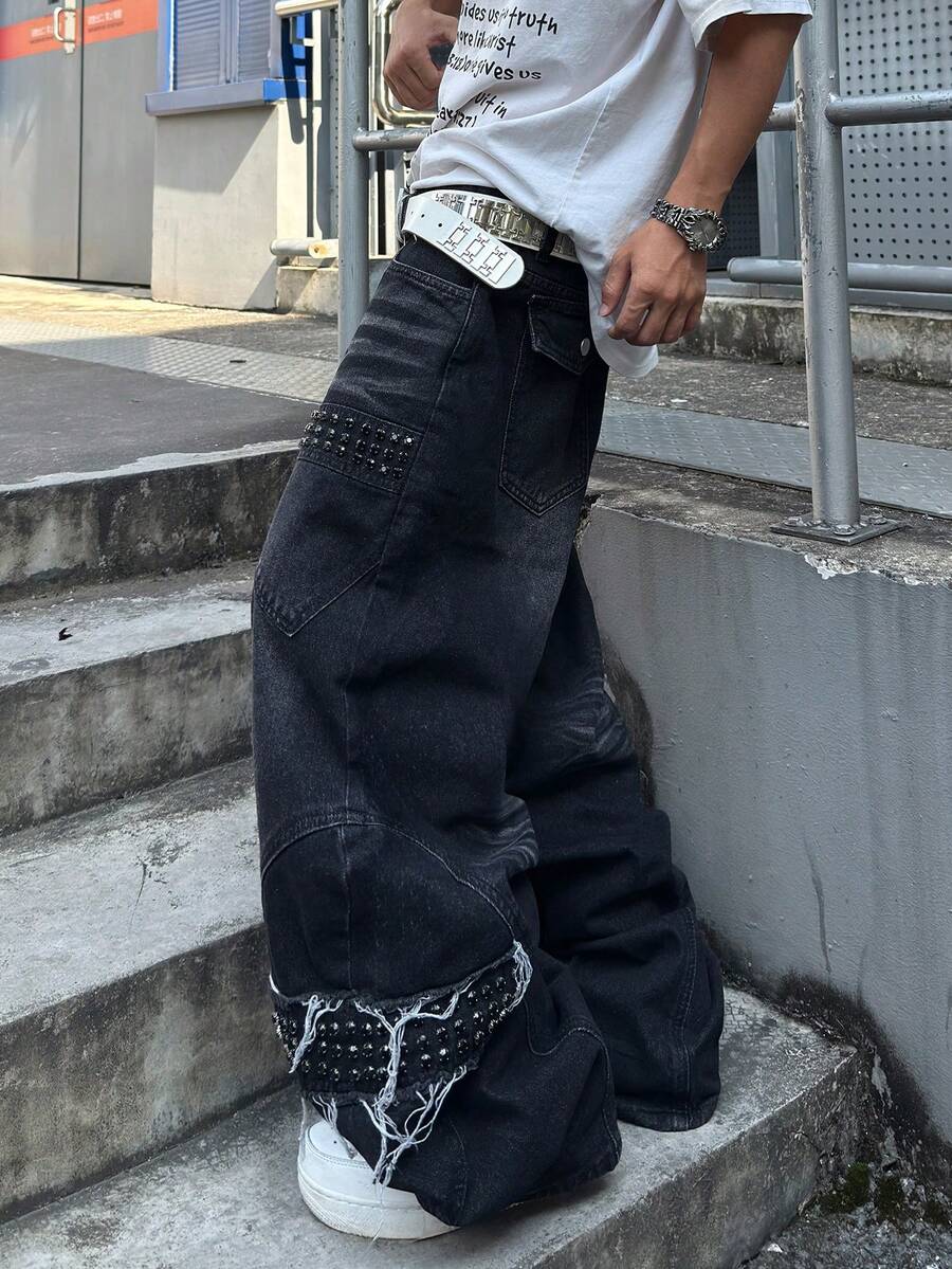 STEELVANCE 街頭復古時尚百搭貓鬍鬚水鑽鑲嵌毛邊設計寬鬆直筒寬腿休閒牛仔褲(不含腰帶與配件) - 黑色 - 查看 1