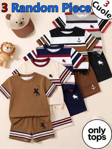 3 Random Piece From 5 Designs Tops Handsome Combination Outfit Set Summer Outing Preferred Minimalist Letter Print Pattern Navy Blue T-Shirt - White - View 1