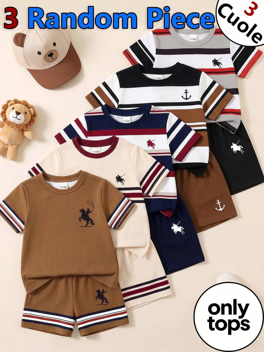 3 Random Piece From 5 Designs Tops Handsome Combination Outfit Set Summer Outing Preferred Minimalist Letter Print Pattern Navy Blue T-Shirt - White - View 1