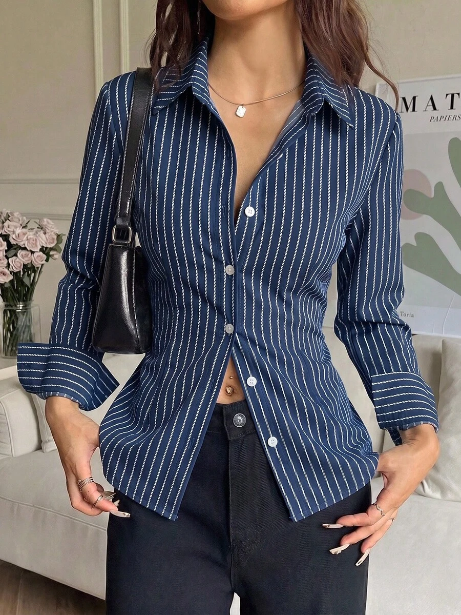 SHEIN EZwear 女款休閒收腰長袖襯衫,條紋襯衫,秋季/冬季女裝,通勤穿搭,夏季服飾,街頭風,適合日常通勤、約會、派對、秋季/冬季、夏季、派對、婚禮、海灘、畢業典禮,優雅休閒,外出穿搭,Y2K,音樂節穿搭,度假服飾,返校穿搭 - 彩色 - 查看 1