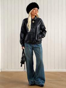 SHEIN EZwear Fashionable Versatile Black Frog Button PU Leather Jacket - Black - View 4
