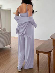 DAZY 3pcs Solid Color Knit Twist Design Camisole Cardigan & Pants Women Pajama Set - Mauve Purple - View 2