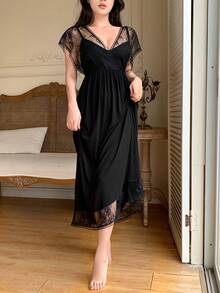 DAZY Women's Lace Patchwork Sheer Cami Nightdress Summer Pajama - Black - View 5